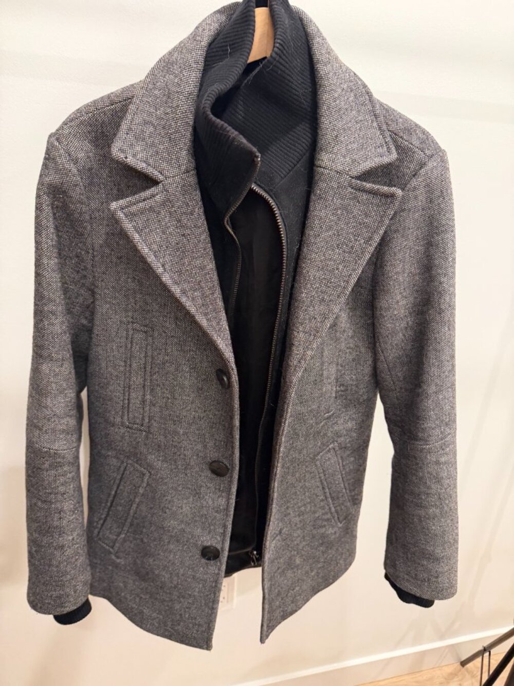 Grey Tweed Zip-Up Pea Coat with Ribbed Collar